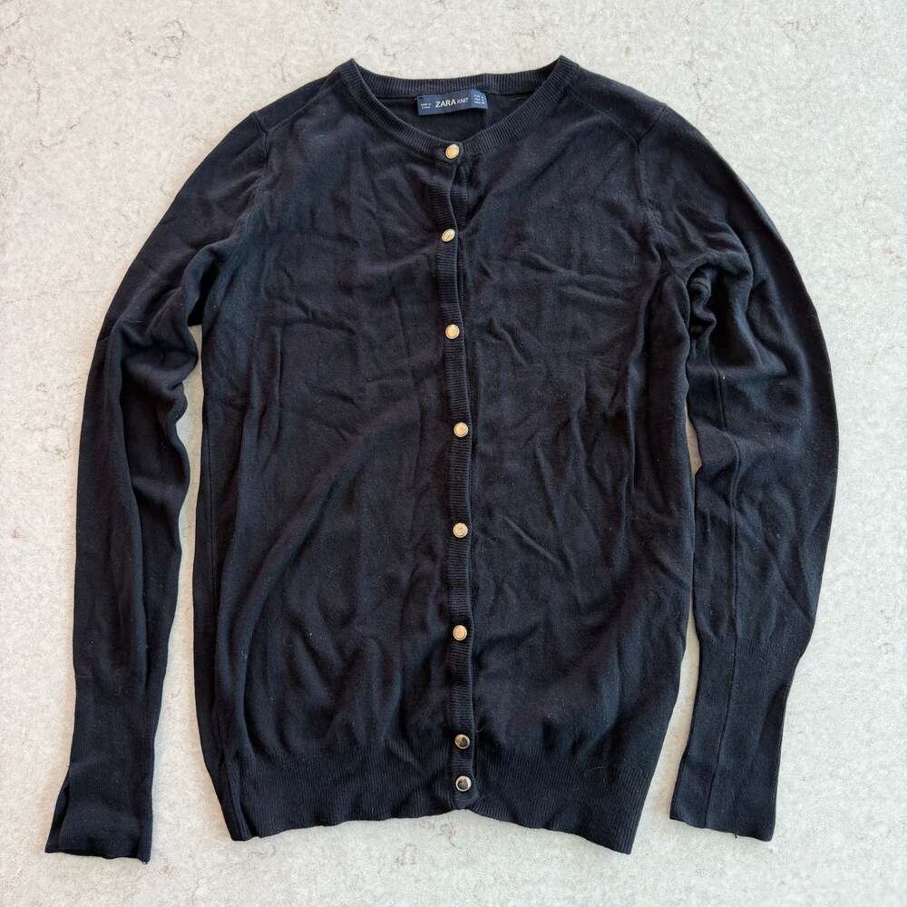 Zara Knit Black Button-Down Cardigan with Gold Buttons